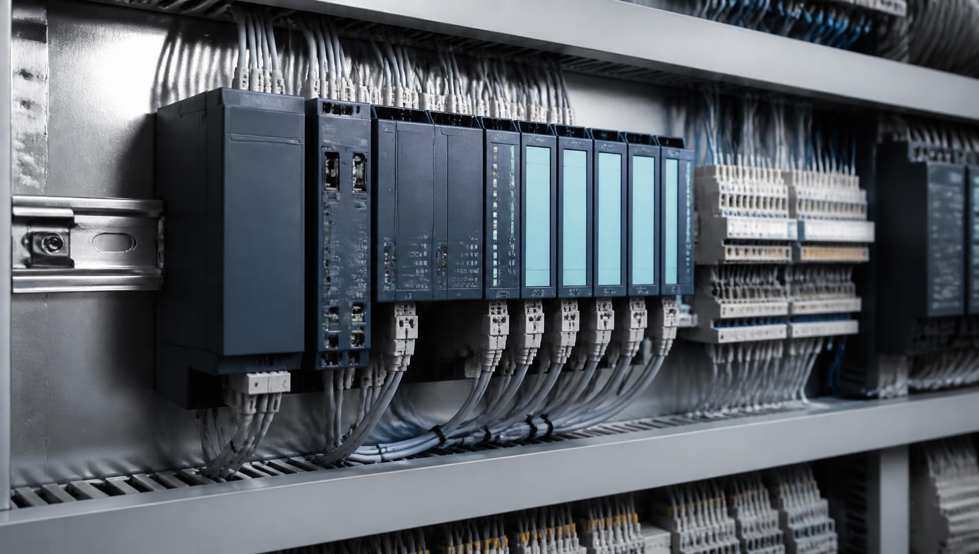 Gabinete de control industrial con módulos PLC y bornes de conexión